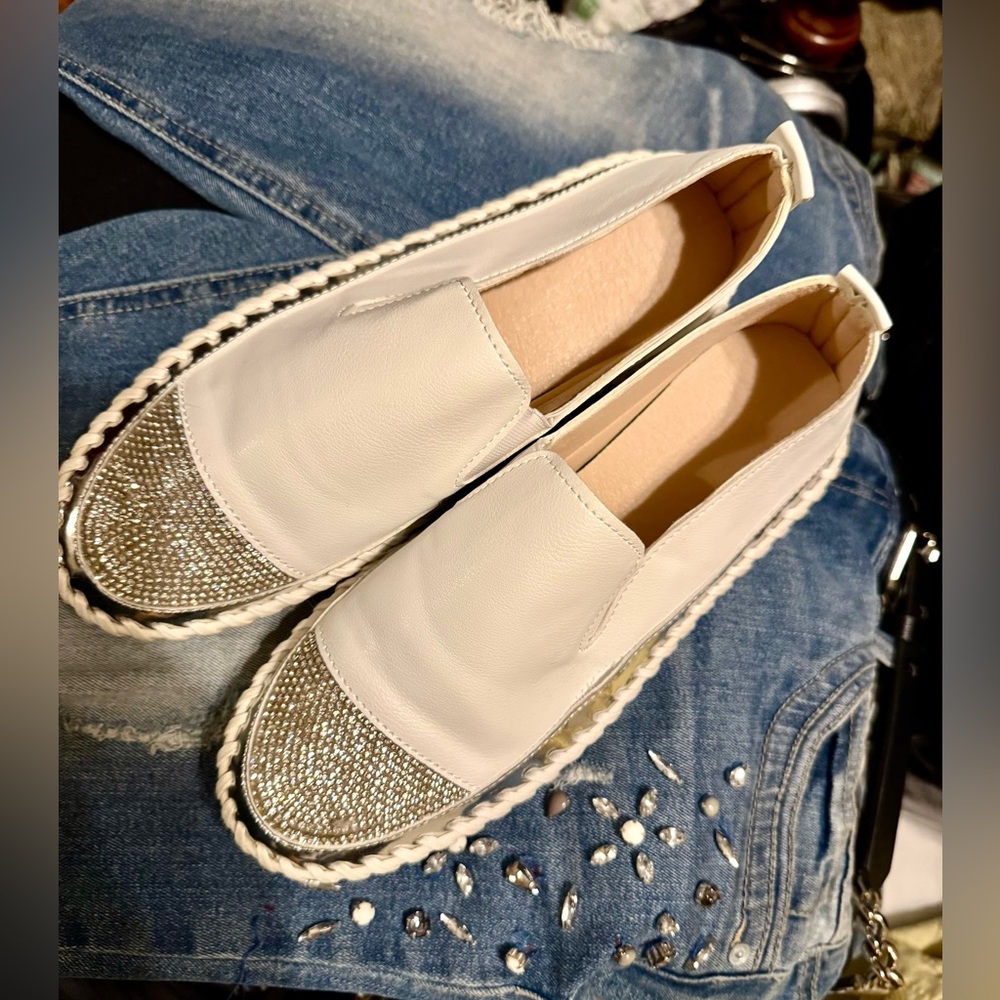 Women's White and Silver Slip-On Loafers